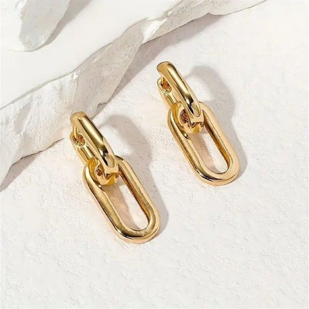 Interlocking Rectangular Hoop Earrings: - Picture 2 of 5
